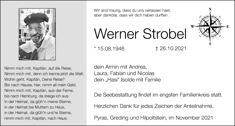  Traueranzeige für Werner Strobel vom 04.11.2021 aus Roth-Hilpoltsteiner Volkszeitung Lokal