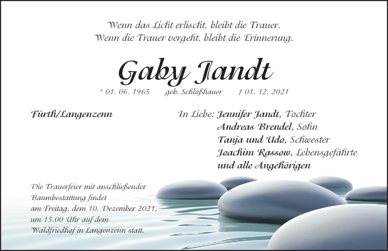  Traueranzeige für Gaby Jandt vom 04.12.2021 aus Fürther Nachrichten Lokal