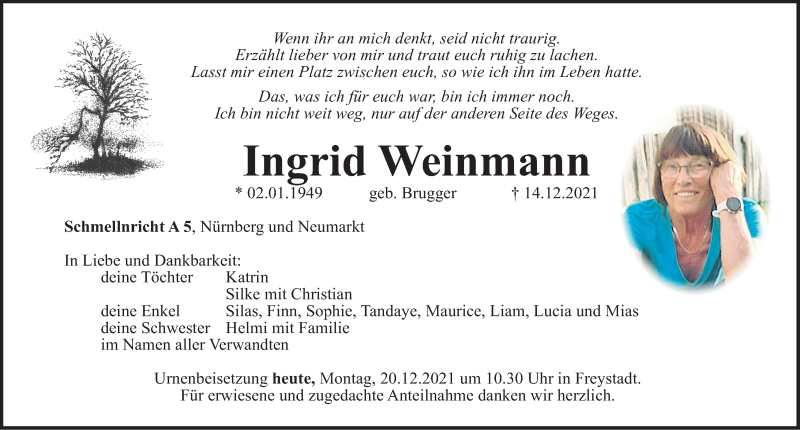  Traueranzeige für Ingrid Weinmann vom 20.12.2021 aus Neumarkter Nachrichten Lokal