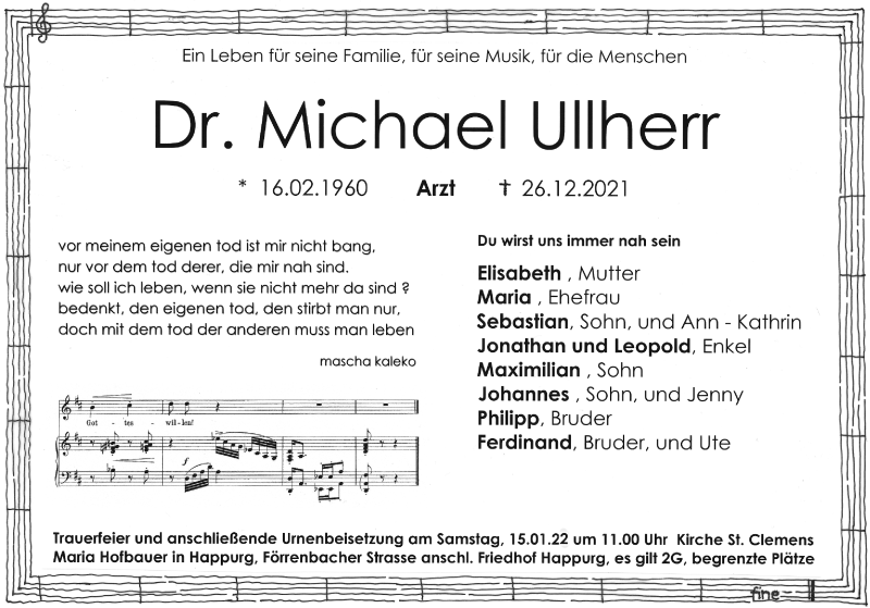  Traueranzeige für Michael Ullherr vom 31.12.2021 aus Gesamtausgabe Nürnberger Nachrichten/ Nürnberger Ztg.