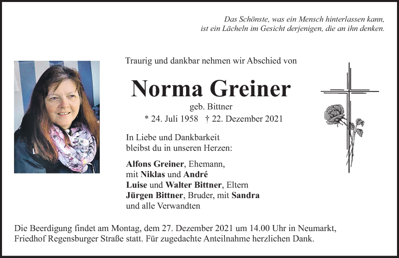  Traueranzeige für Norma Greiner vom 24.12.2021 aus Neumarkter Nachrichten Lokal