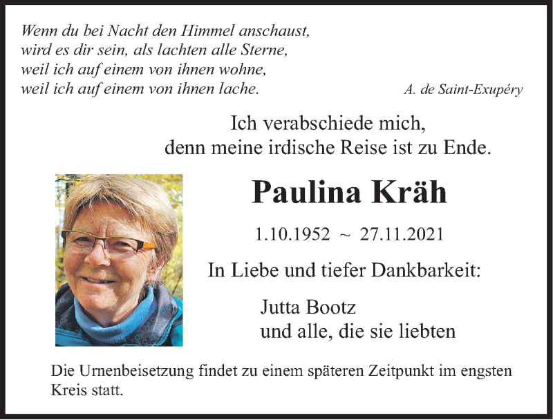 Traueranzeige für Paulina Kräh vom 15.12.2021 aus Gesamtausgabe Nürnberger Nachrichten/ Nürnberger Ztg.
