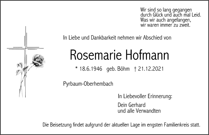  Traueranzeige für Rosemarie Hofmann vom 24.12.2021 aus Neumarkter Nachrichten Lokal