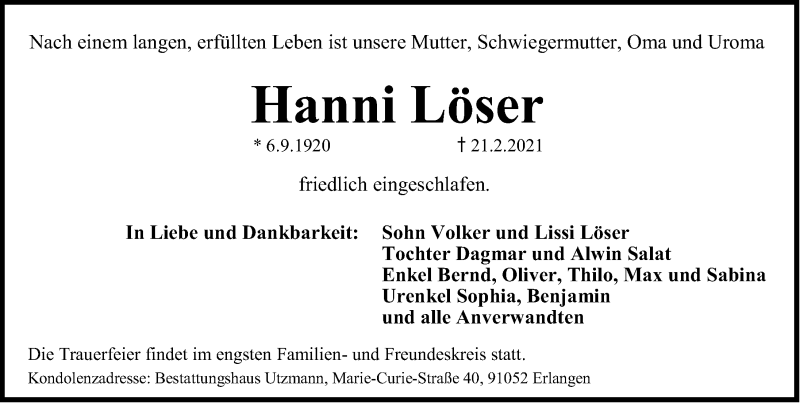  Traueranzeige für Hanni Löser vom 27.02.2021 aus Gesamtausgabe Nürnberger Nachrichten/ Nürnberger Ztg./ Erlanger Nachrichten