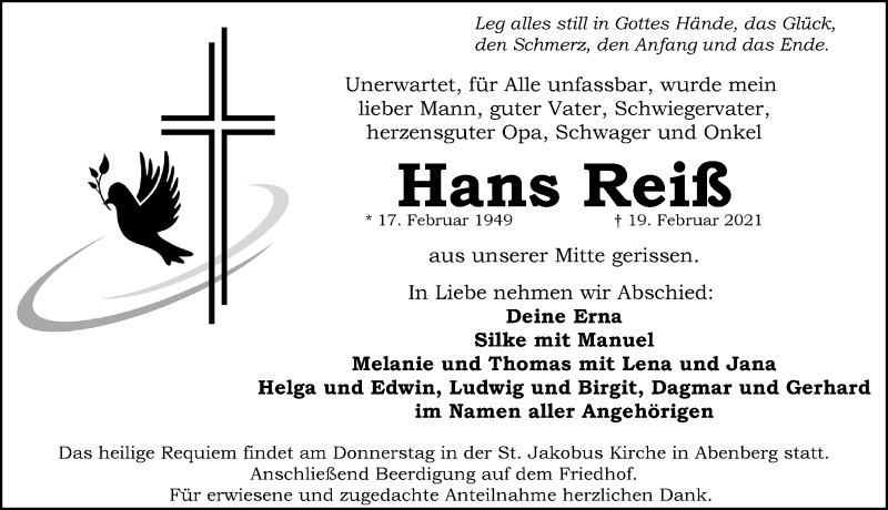  Traueranzeige für Hans Reiß vom 23.02.2021 aus Schwabacher Tagblatt Lokal