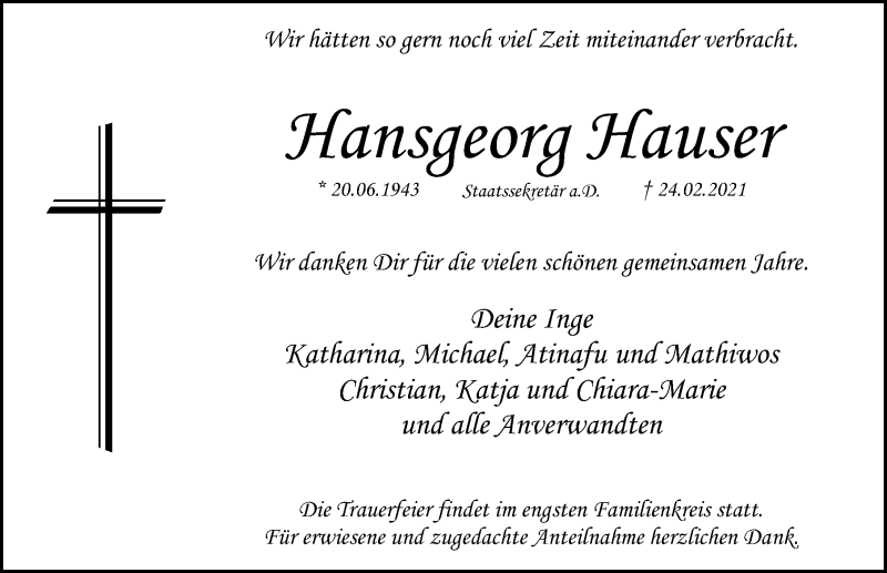  Traueranzeige für Hansgeorg Hauser vom 27.02.2021 aus Gesamtausgabe Nürnberger Nachrichten/ Nürnberger Ztg.