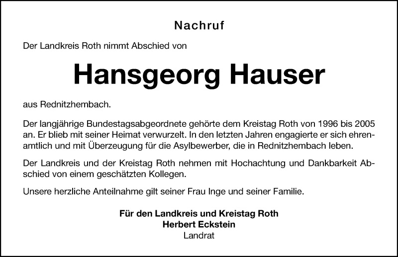  Traueranzeige für Hansgeorg Hauser vom 27.02.2021 aus Roth-Hilpoltsteiner Volkszeitung/ Schwabach