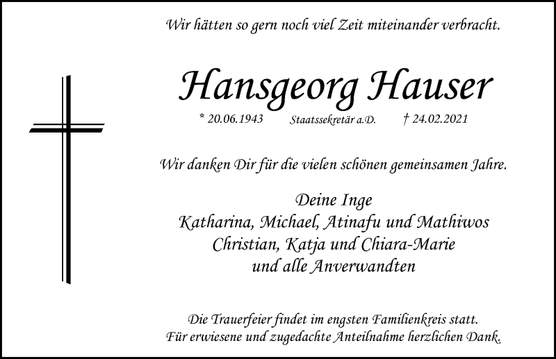  Traueranzeige für Hansgeorg Hauser vom 27.02.2021 aus Schwabacher Tagblatt Lokal