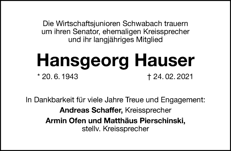  Traueranzeige für Hansgeorg Hauser vom 27.02.2021 aus Schwabacher Tagblatt Lokal