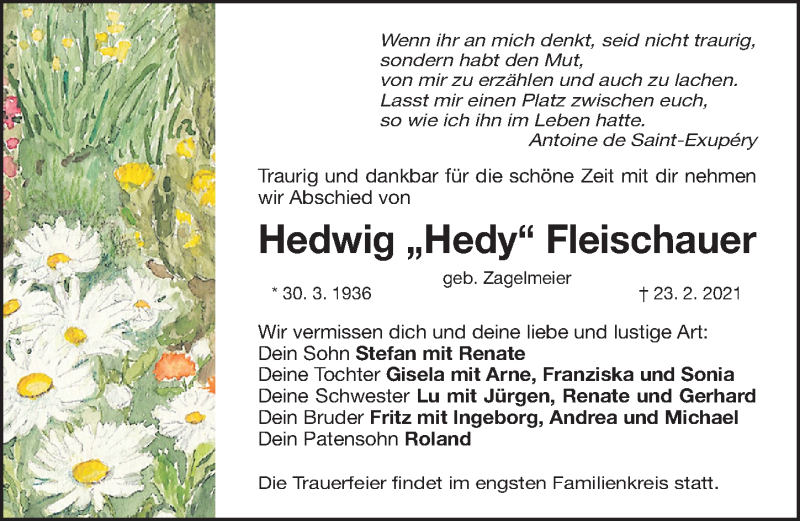  Traueranzeige für Hedwig  Fleischauer vom 27.02.2021 aus Gesamtausgabe Nürnberger Nachrichten/ Nürnberger Ztg.