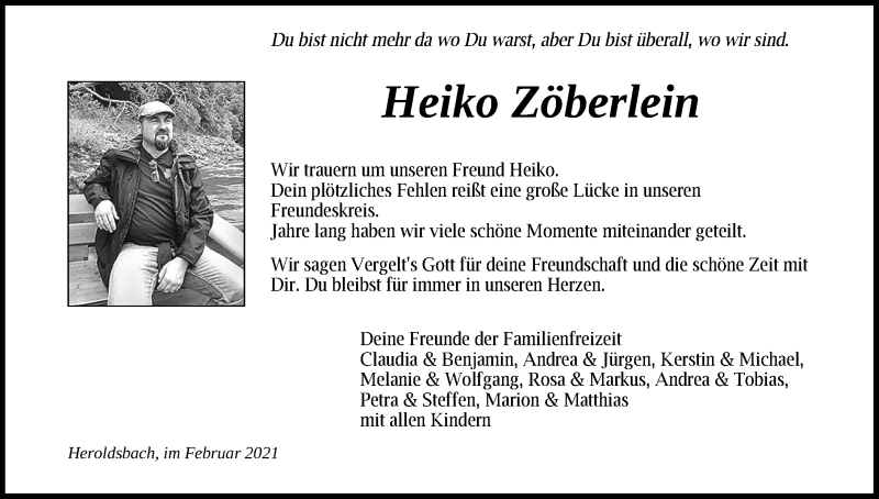  Traueranzeige für Heiko Zöberlein vom 13.02.2021 aus Nordbayerische Nachrichten Forchheim Lokal