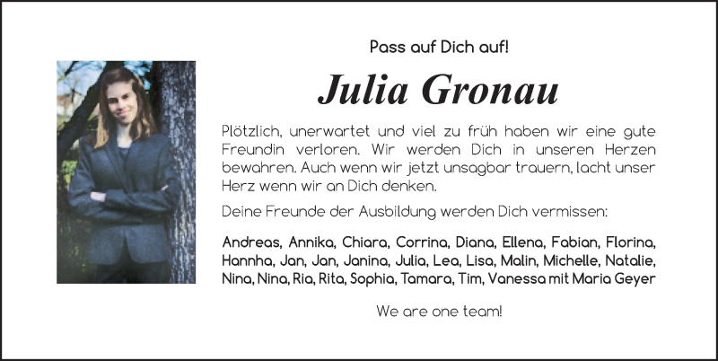  Traueranzeige für Julia Gronau vom 27.02.2021 aus Nordbayerische Nachrichten Herzogenaurach Lokal