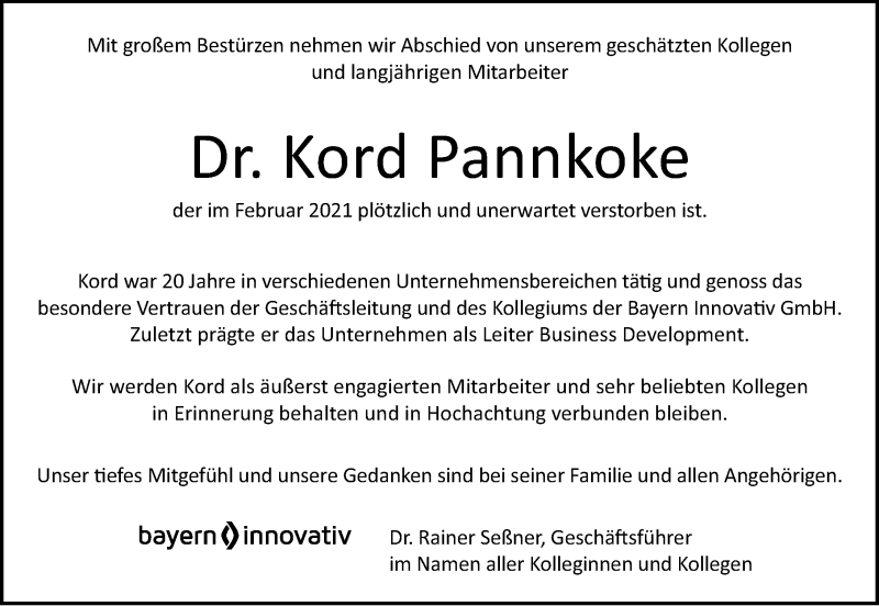  Traueranzeige für Kord Pannkoke vom 27.02.2021 aus Gesamtausgabe Nürnberger Nachrichten/ Nürnberger Ztg.