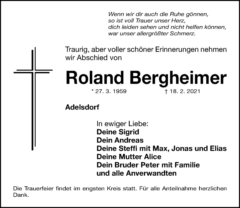  Traueranzeige für Roland Bergheimer vom 22.02.2021 aus Fürther Nachrichten Lokal