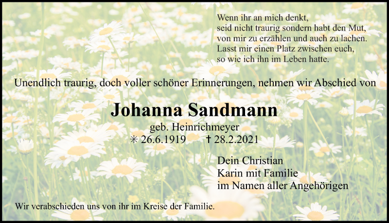 Traueranzeige für Johanna Sandmann vom 06.03.2021 aus Erlanger Nachrichten Lokal