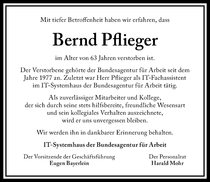  Traueranzeige für Bernd Pflieger vom 10.04.2021 aus Gesamtausgabe Nürnberger Nachrichten/ Nürnberger Ztg.
