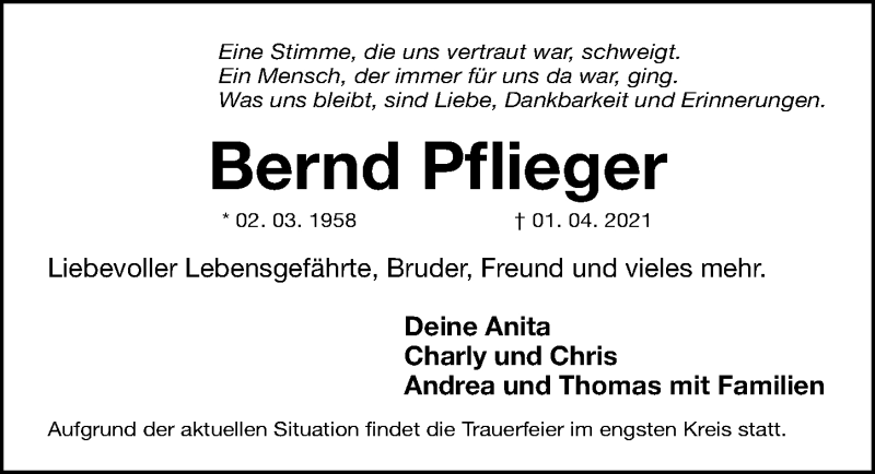  Traueranzeige für Bernd Pflieger vom 08.04.2021 aus Gesamtausgabe Nürnberger Nachrichten/ Nürnberger Ztg.