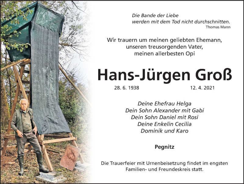  Traueranzeige für Hans-Jürgen Groß vom 16.04.2021 aus Nordbayerische Nachrichten Pegnitz Lokal