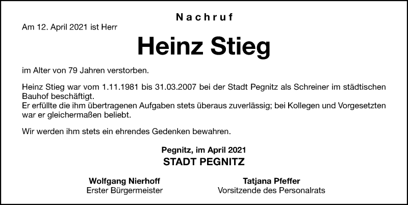  Traueranzeige für Heinz Stieg vom 16.04.2021 aus Nordbayerische Nachrichten Pegnitz Lokal