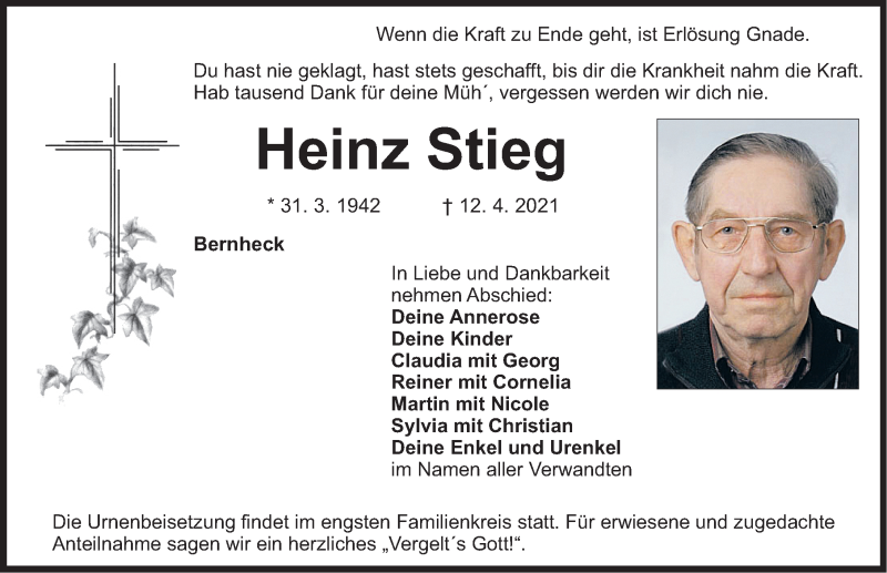  Traueranzeige für Heinz Stieg vom 14.04.2021 aus Nordbayerische Nachrichten Pegnitz Lokal