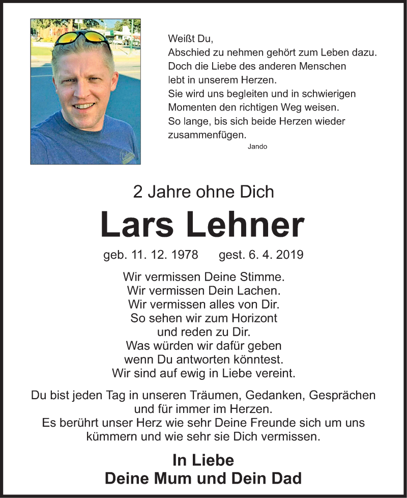  Traueranzeige für Lars Lehner vom 06.04.2021 aus Nordbayerische Nachrichten Pegnitz Lokal