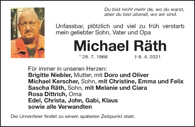  Traueranzeige für Michael Räth vom 14.04.2021 aus Gesamtausgabe Nürnberger Nachrichten/ Nürnberger Ztg.