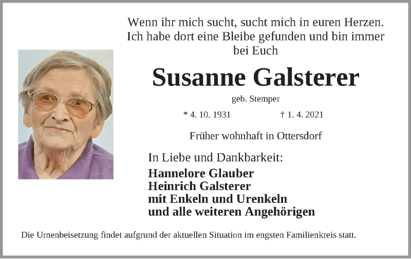  Traueranzeige für Susanne Galsterer vom 15.04.2021 aus Roth-Hilpoltsteiner Volkszeitung/ Schwabach