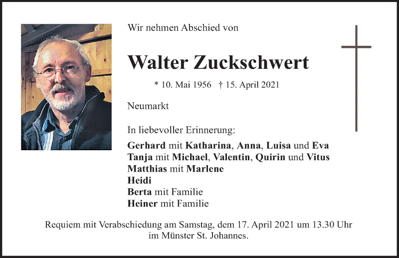  Traueranzeige für Walter Zuckschwert vom 16.04.2021 aus Neumarkter Nachrichten Lokal
