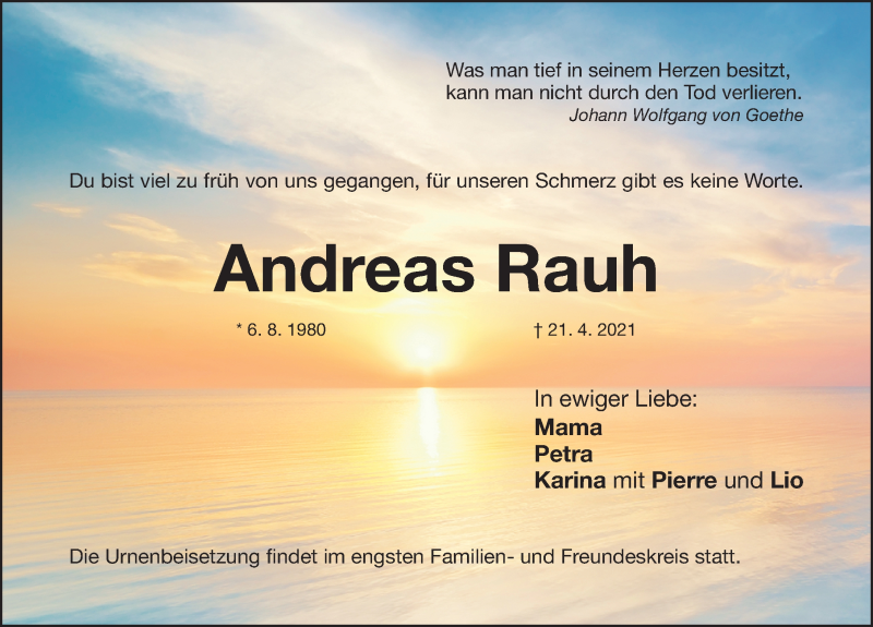  Traueranzeige für Andreas Rauh vom 08.05.2021 aus Nordbayerische Nachrichten Herzogenaurach Lokal