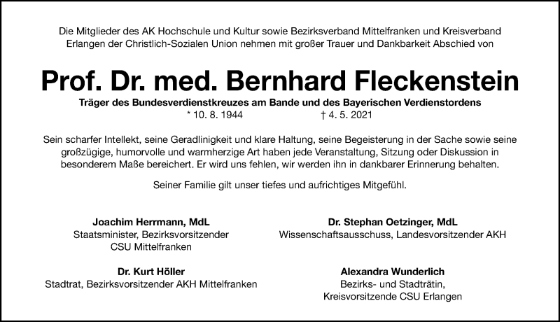  Traueranzeige für Bernhard Fleckenstein vom 08.05.2021 aus Erlanger Nachrichten/ Nordbayer. Nachrichten Forchheim