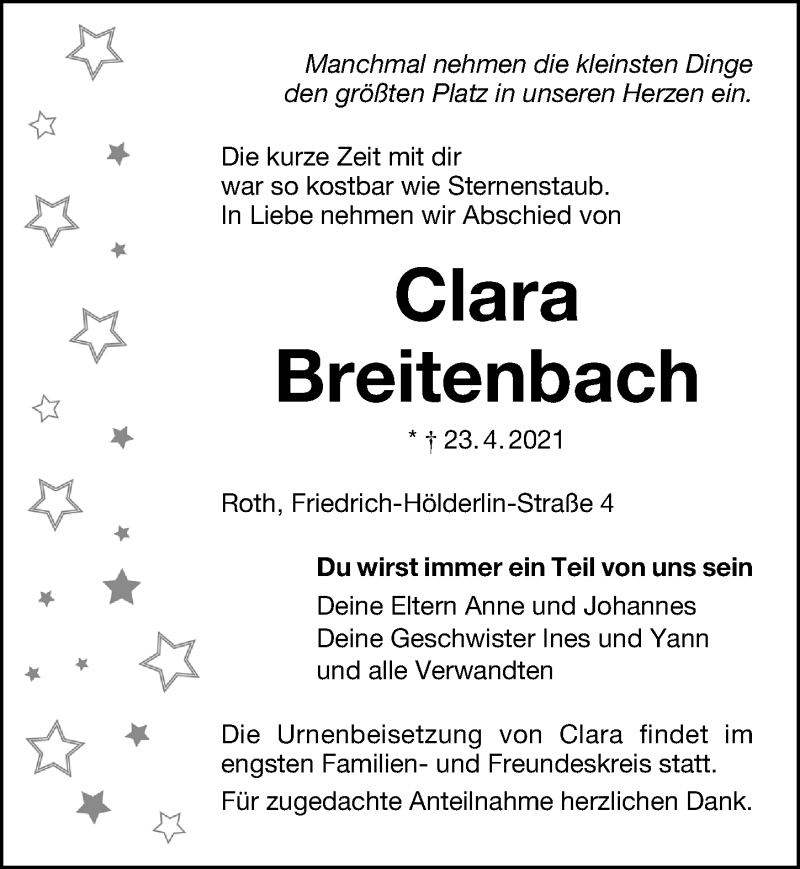  Traueranzeige für Clara Breitenbach vom 08.05.2021 aus Roth-Hilpoltsteiner Volkszeitung Lokal