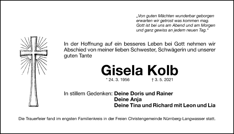  Traueranzeige für Gisela Kolb vom 08.05.2021 aus Gesamtausgabe Nürnberger Nachrichten/ Nürnberger Ztg.