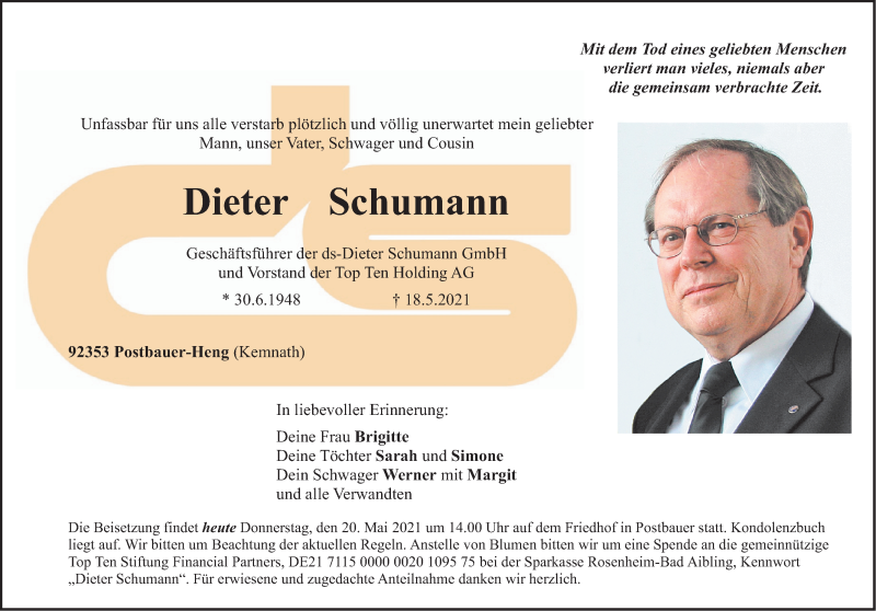  Traueranzeige für Dieter Schumann vom 20.05.2021 aus Neumarkter Nachrichten Lokal