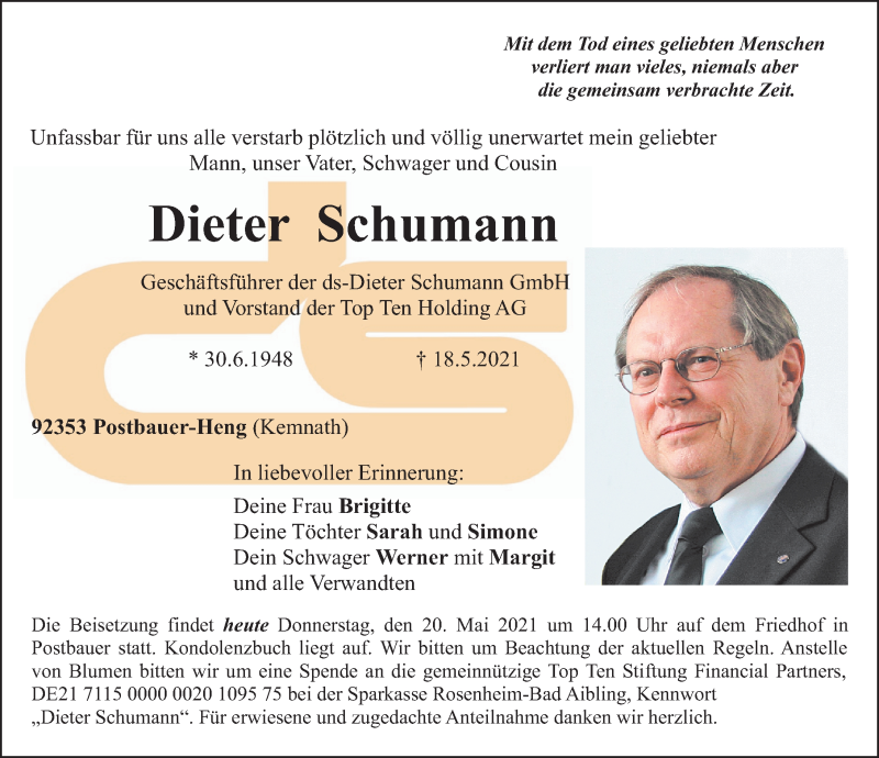  Traueranzeige für Dieter Schumann vom 20.05.2021 aus Gesamtausgabe Nürnberger Nachrichten/ Nürnberger Ztg.