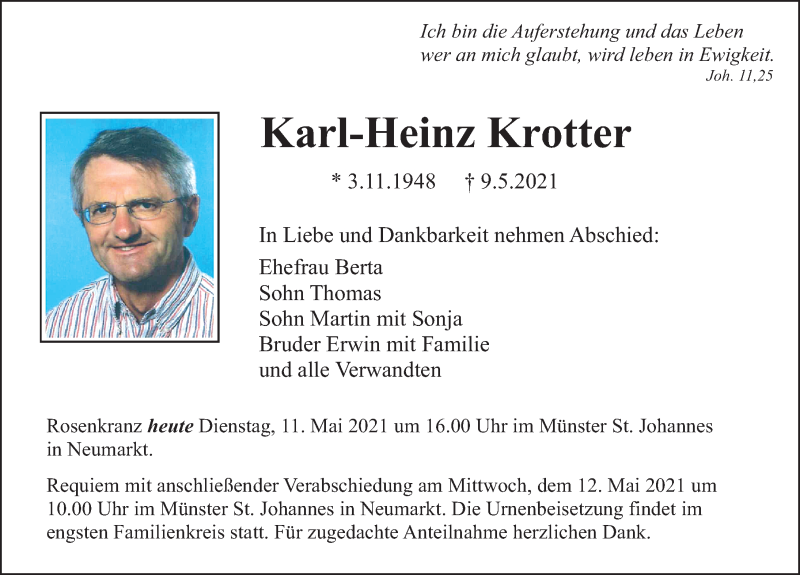  Traueranzeige für Karl-Heinz Krotter vom 11.05.2021 aus Neumarkter Nachrichten Lokal
