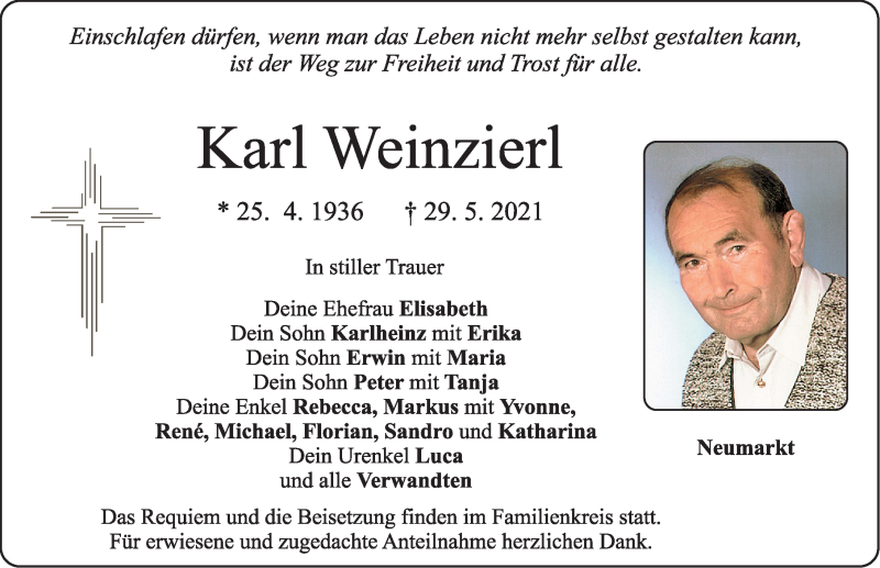  Traueranzeige für Karl Weinzierl vom 31.05.2021 aus Neumarkter Nachrichten Lokal