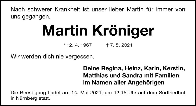  Traueranzeige für Martin Kröniger vom 11.05.2021 aus Gesamtausgabe Nürnberger Nachrichten/ Nürnberger Ztg.