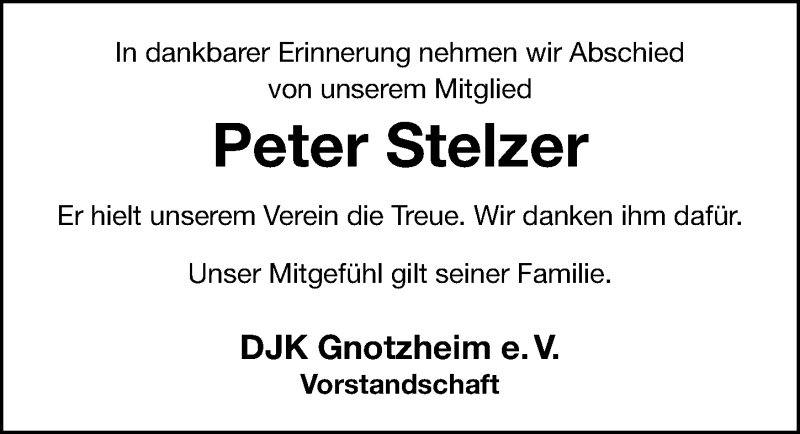  Traueranzeige für Peter Stelzer vom 29.05.2021 aus Altmühl-Bote Lokal