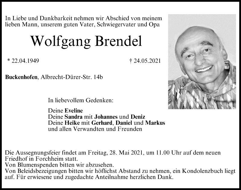  Traueranzeige für Wolfgang Brendel vom 26.05.2021 aus Nordbayerische Nachrichten Forchheim Lokal
