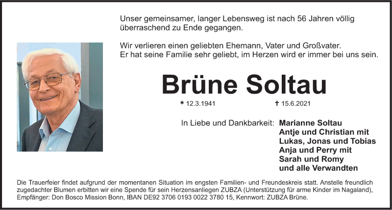  Traueranzeige für Brüne Soltau vom 19.06.2021 aus Nordbayer. Nachrichten Herzogenaurach/ Erlanger Nachrichten