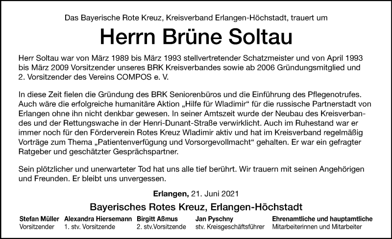  Traueranzeige für Brüne Soltau vom 22.06.2021 aus Erlanger Nachrichten Lokal