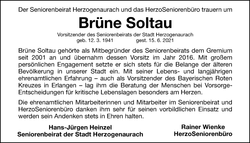  Traueranzeige für Brüne Soltau vom 21.06.2021 aus Nordbayerische Nachrichten Herzogenaurach Lokal