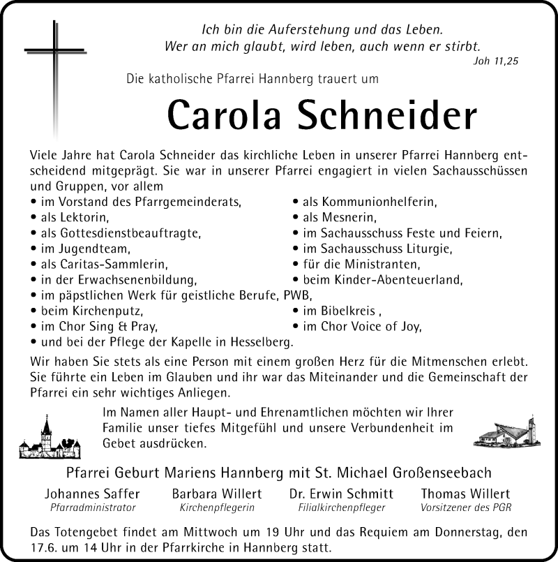  Traueranzeige für Carola Schneider vom 16.06.2021 aus Erlanger Nachrichten Lokal
