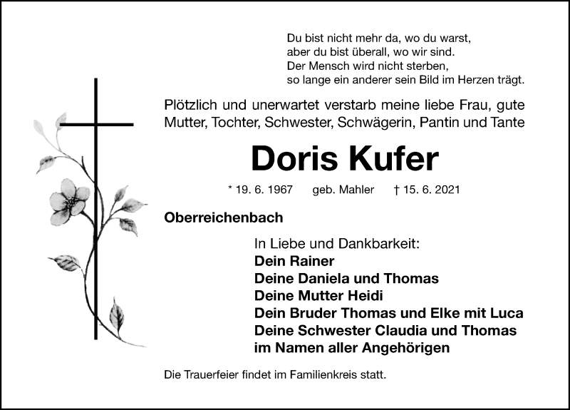  Traueranzeige für Doris Kufer vom 18.06.2021 aus Nordbayerische Nachrichten Herzogenaurach Lokal
