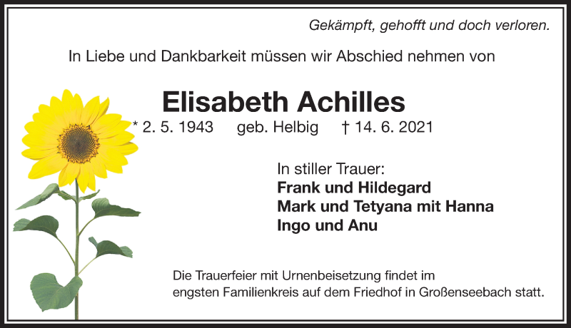  Traueranzeige für Elisabeth Achilles vom 19.06.2021 aus Nordbayerische Nachrichten Herzogenaurach Lokal