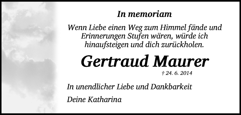  Traueranzeige für Gertraud Maurer vom 24.06.2021 aus Gesamtausgabe Nürnberger Nachrichten/ Nürnberger Ztg.