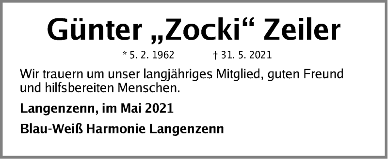  Traueranzeige für Günter Zeiler vom 07.06.2021 aus Fürther Nachrichten Lokal