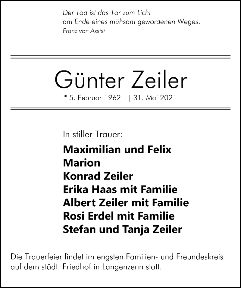  Traueranzeige für Günter Zeiler vom 05.06.2021 aus Fürther Nachrichten Lokal