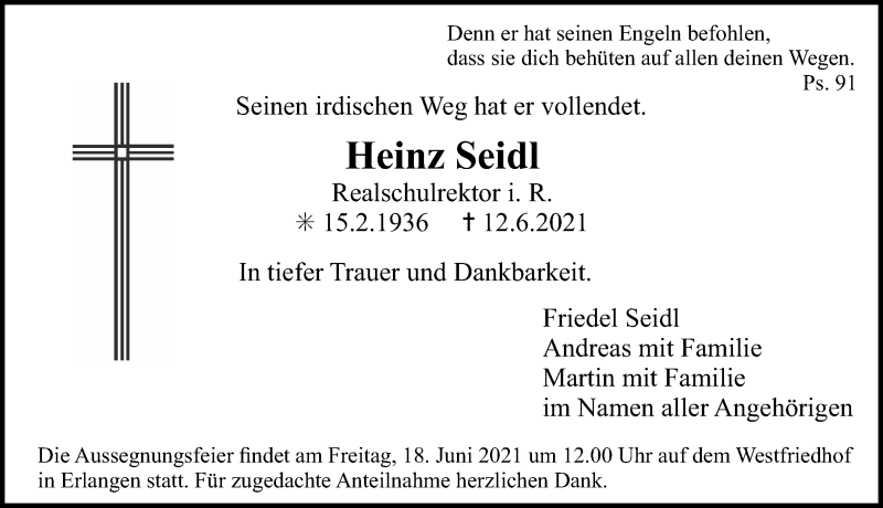  Traueranzeige für Heinz Seidl vom 15.06.2021 aus Erlanger Nachrichten Lokal