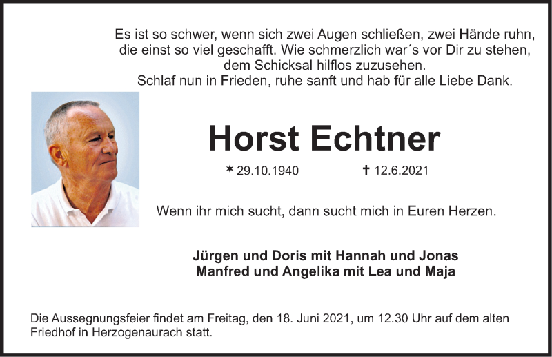  Traueranzeige für Horst Echtner vom 15.06.2021 aus Nordbayerische Nachrichten Herzogenaurach Lokal